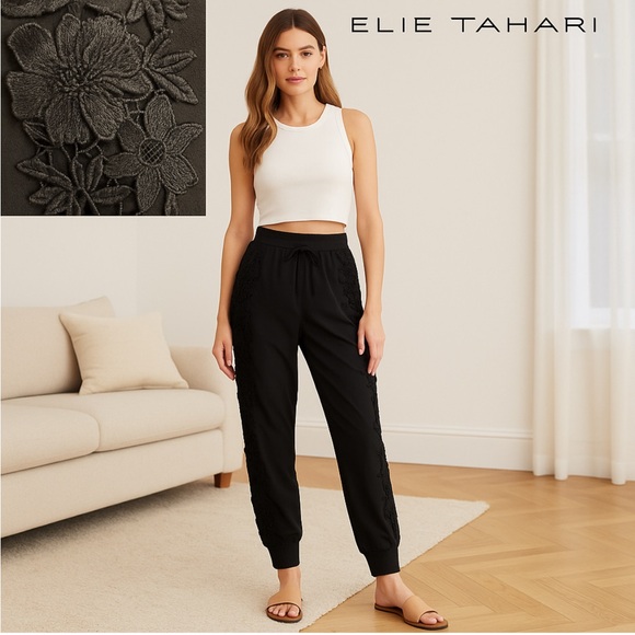 Elie Tahari Black Lace Detail Jogger Pants Women’s Size Medium - Picture 1 of 11